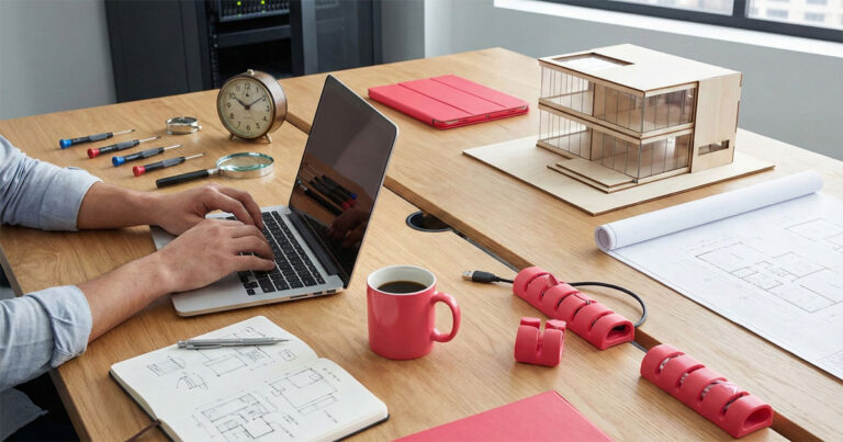 Espace de travail professionnel illustrant l'arbitrage entre maintenance et refonte : un expert sur ordinateur entouré d’outils de précision, d'une maquette de construction et de plans techniques, avec des accessoires de bureau.