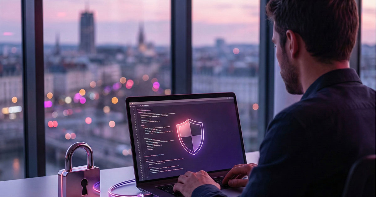 Expert en sécurité informatique travaillant sur un ordinateur affichant un bouclier de protection, avec un cadenas lumineux au premier plan et la ville de Nantes en arrière-plan sous un éclairage néon rose et violet.