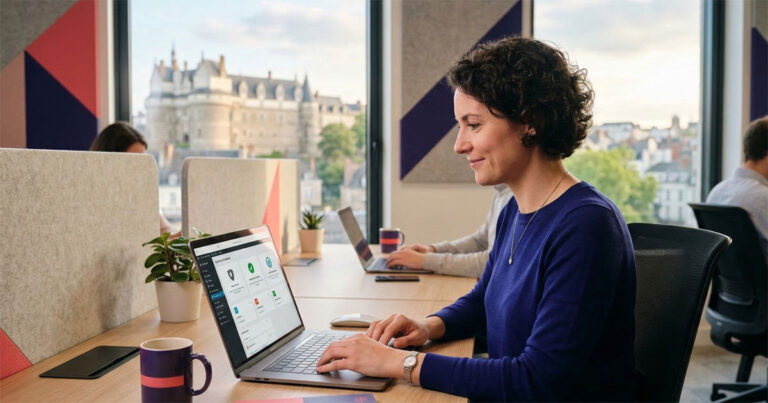 Une professionnelle du web travaille sereinement sur un ordinateur portable affichant une interface de gestion sécurisée.