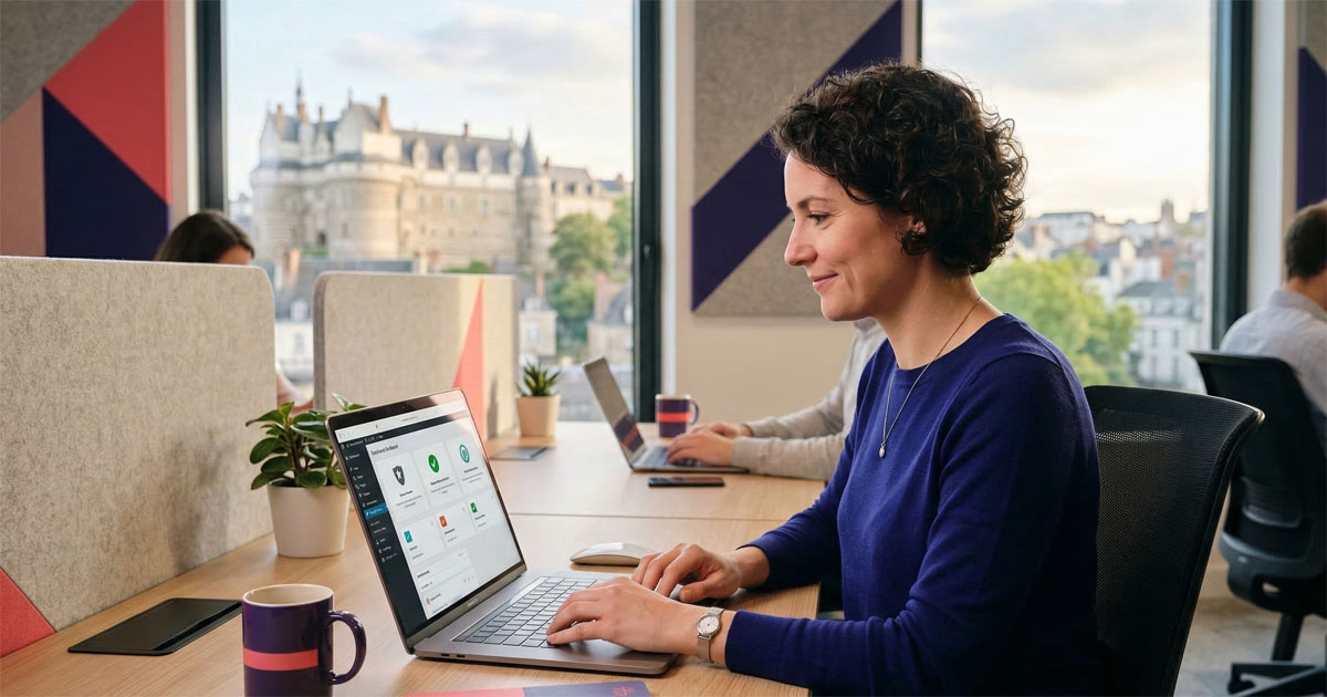 Une professionnelle du web travaille sereinement sur un ordinateur portable affichant une interface de gestion sécurisée.